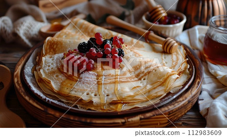 Homemade Pancakes Topped with Fresh Berries and Honey, Served on a Wooden Table. Cozy Breakfast Scene in Rustic Style. Delicious Start to the Day. AI 112983609