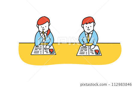 男性和女性求職者創建簡歷的插圖 112983846