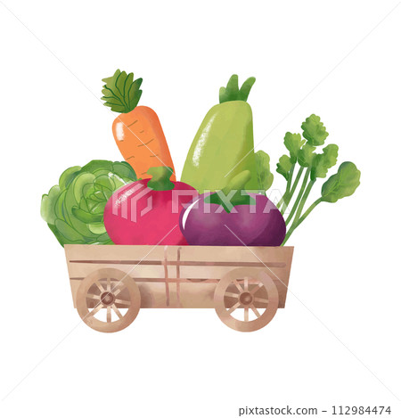 Mixed vegetables on wooden cart. Mixed vegetables on wooden cart. 112984474