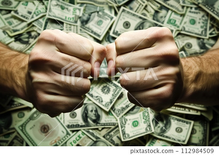 AI-generated content. Fists clenched over a pile of dollars AI-generated content. Fists clenched over a pile of dollars 112984509