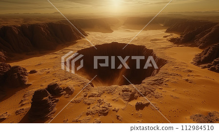 沙漠中出現的一個大洞的鳥瞰圖 - AI 生成的圖像 沙漠中出現的一個大洞的鳥瞰圖 - AI 生成的圖像 112984510