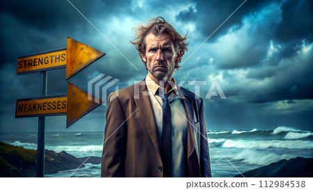 Worried businessman with two arrow signs with words Strengths and Weaknesses pointing at him. generative AI illustration 112984538