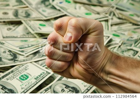 AI-generated content. Fist clutching money, concept of greed 112984564