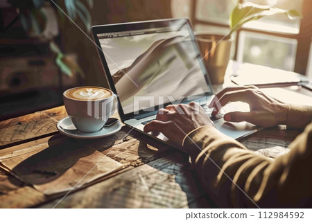 AI-generated content. Laptop with cup of artful coffee beside it 112984592