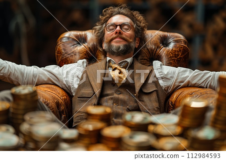 AI-generated content. Wealthy eccentric surrounded by money and coins 112984593