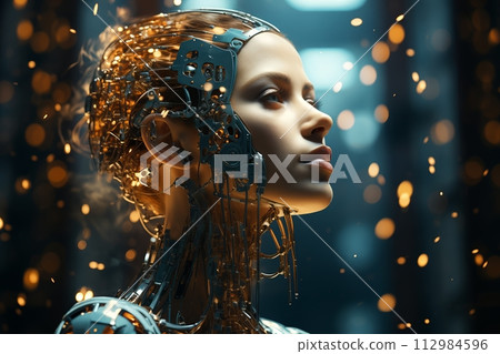 AI-generated content. Robotic head with intricate wiring and golden hues 112984596