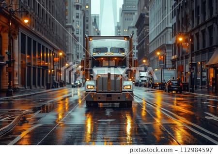 AI-generated content. Big rig on wet city streets at golden hour 112984597