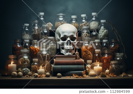 AI-generated content. Skull amid jars with mysterious contents 112984599