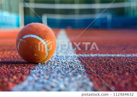 AI-generated content. Tennis ball on a red clay court close-up AI-generated content. Tennis ball on a red clay court close-up 112984632