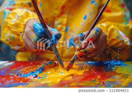 AI-generated content. Focused child holding brushes over paint palette 112984651