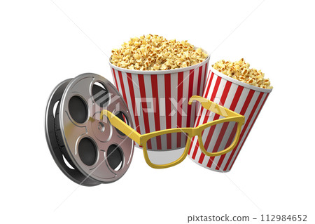 Popcorn with film reel and 3D glasses 112984652