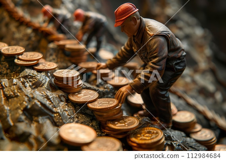 AI-generated content. Miniature figure mining bitcoin tokens AI-generated content. Miniature figure mining bitcoin tokens 112984684