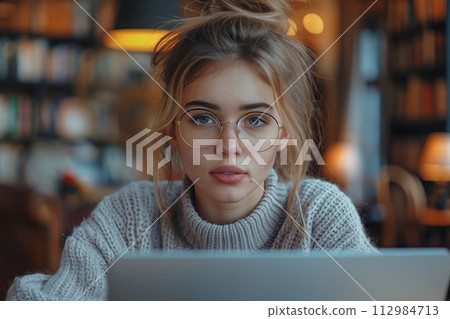 AI-generated content. Blonde woman in glasses working on laptop AI-generated content. Blonde woman in glasses working on laptop 112984713