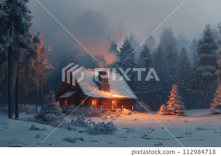 AI-generated content. Snow-covered log cabin in a tranquil forest 112984718