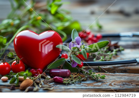 AI-generated content. Heart-shaped object among herbs and pills 112984719