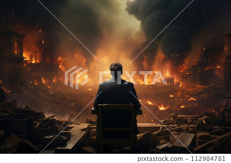 AI-generated content. Man observing apocalyptic destruction 112984781