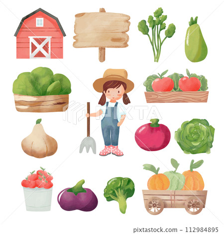collection of vegetables farmer girl with vegetables. 112984895