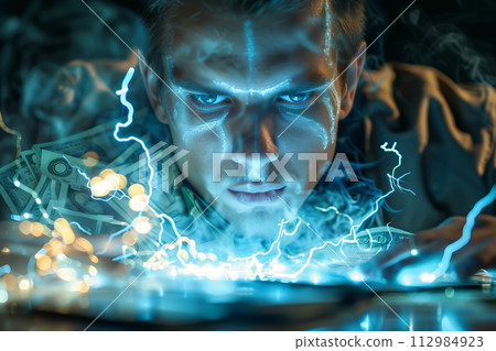 AI-generated content. Dynamic scene of money with blue electrical arcs 112984923