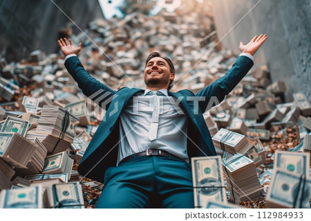 AI-generated content. Businessman sitting amongst heaps of cash 112984933