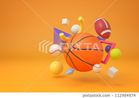 Basketball and sports gear floating freely Basketball and sports gear floating freely 112984974