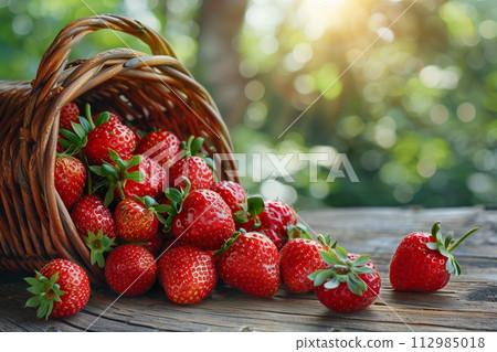 AI-generated content. Fresh strawberries spilled from wicker basket 112985018