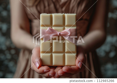 Bar of white chocolate tied with a ribbon on the palm of hand. Gift for White Day 112985266