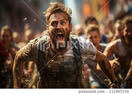 AI-generated content. Bearded man running fiercely in a crowd 112985338