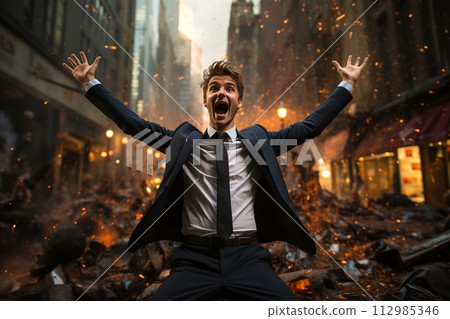 AI-generated content. Ecstatic businessman in a chaotic urban scene AI-generated content. Ecstatic businessman in a chaotic urban scene 112985346