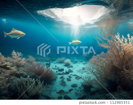 underwater world with corals and tropical fish 112985351