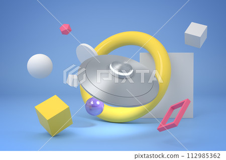 Futuristic teapot with floating geometric shapes 112985362