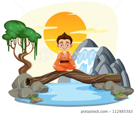 Boy on Log Bridge at Sunset Boy on Log Bridge at Sunset 112985383