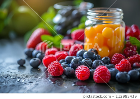AI-generated content. Assorted berries with juice in a jar 112985439