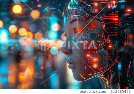 AI-generated content. Complex circuit board design with blue and red 112985451