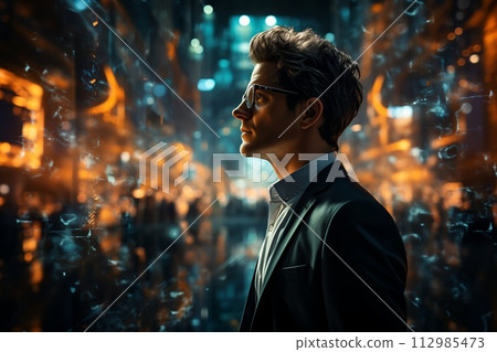 AI-generated content. Businessman in a futuristic city at night AI-generated content. Businessman in a futuristic city at night 112985473