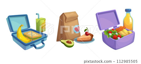 Lunch box with food for school snack vector icon Lunch box with food for school snack vector icon 112985505