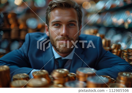 AI-generated content. Man smiling among golden coins 112985506