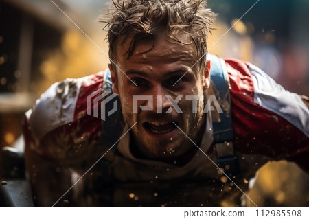 AI-generated content. Focused man sprinting with mud splatter 112985508