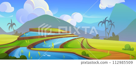 Rice field and farm agriculture landscape vector Rice field and farm agriculture landscape vector 112985509