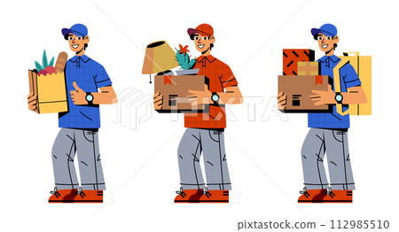 Delivery man set isolated on white background Delivery man set isolated on white background 112985510