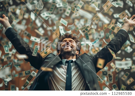 AI-generated content. Man in suit rejoicing among raining dollar bills 112985580
