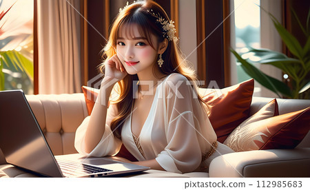 Beautiful young female freelancer with a successful business is sitting on the sofa and working on a laptop 112985683