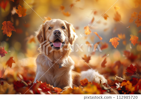 AI-generated content. Golden retriever gazing in autumn leaf fall 112985720