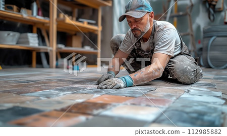 portrait of a worker laying tiles 112985882