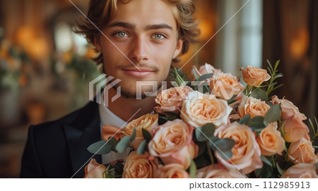 handsome man with a bouquet of roses 112985913