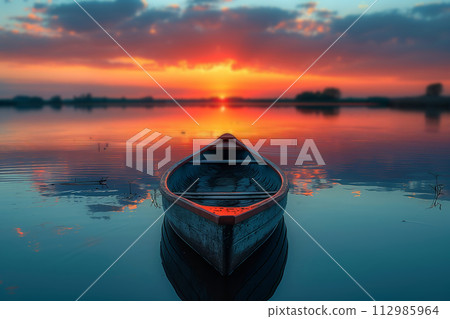 AI-generated content. Tranquil sunset view with a canoe AI-generated content. Tranquil sunset view with a canoe 112985964