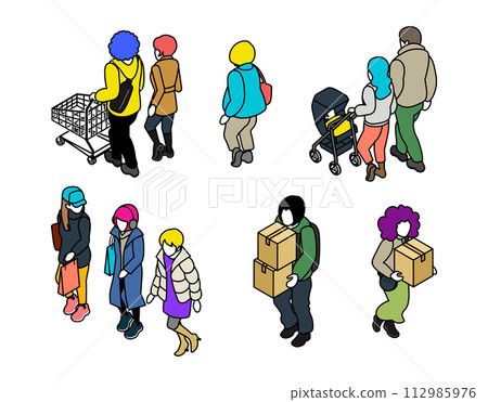 Isometric people set: shopper, person carrying a cardboard box, stroller 112985976