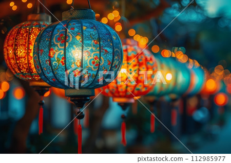AI-generated content. Blue Chinese lanterns adorned with flower patterns 112985977