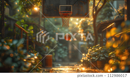 basketball ball in a net close up on the street 112986017