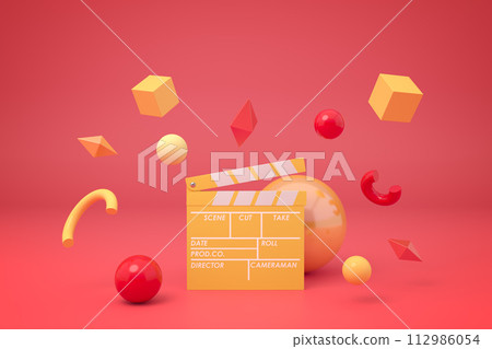 3D floating objects and clapperboard on red 112986054