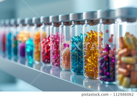 AI-generated content. Colorful pills in transparent bottles on shelf 112986062